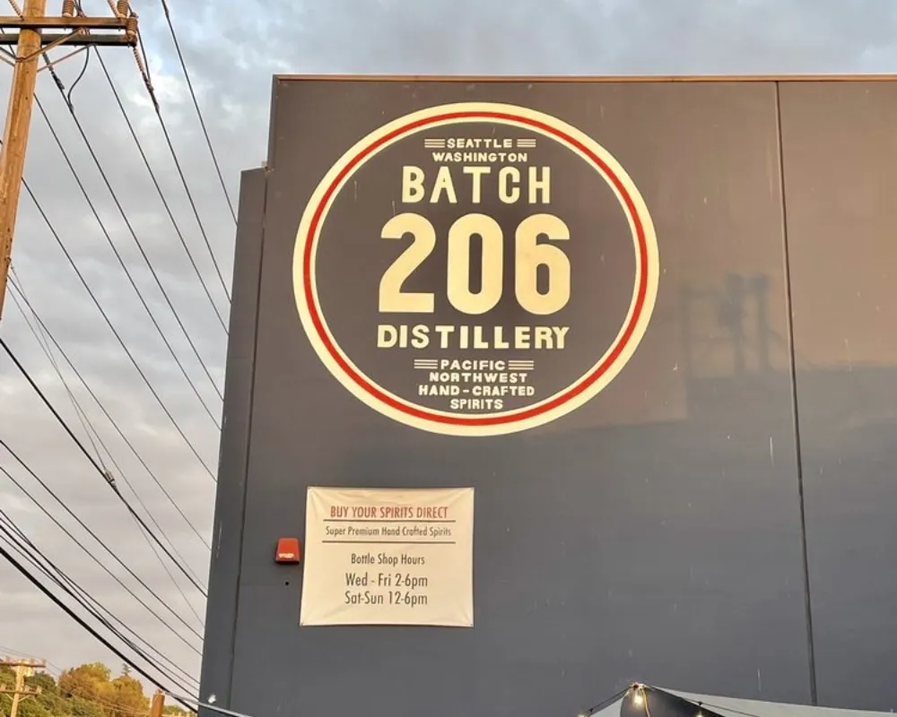 Seattle Batch 206 Distillery sign at dusk.