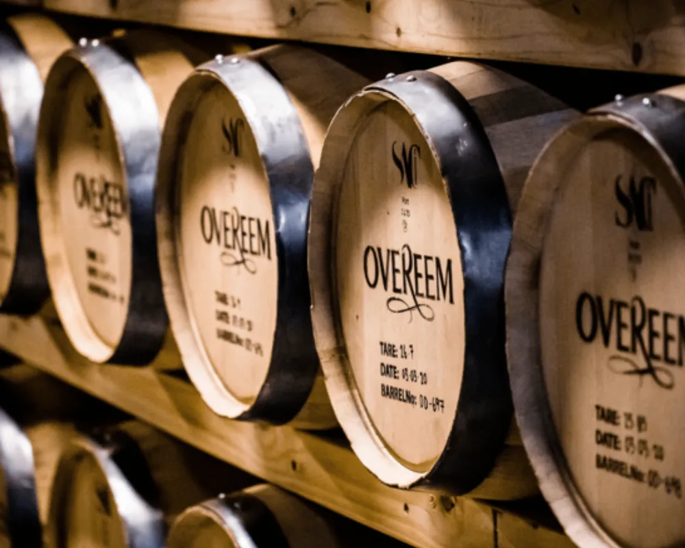 Stacked wooden whiskey barrels in cellar