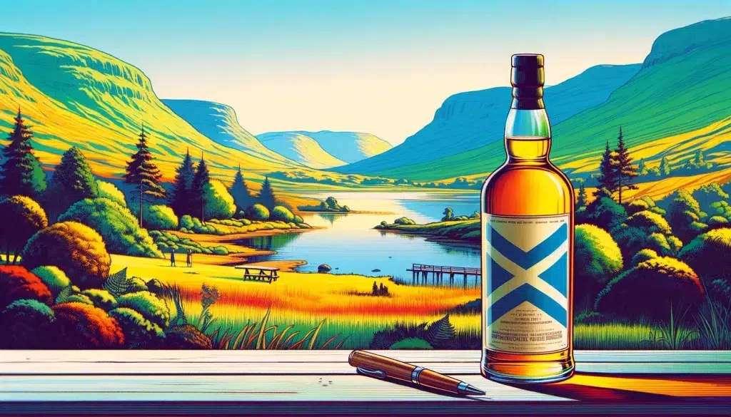 Illustrated Scotch whisky bottle with scenic Scottish backdrop.