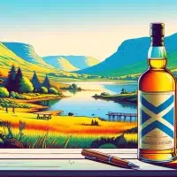 Illustrated Scotch whisky bottle with scenic Scottish backdrop.