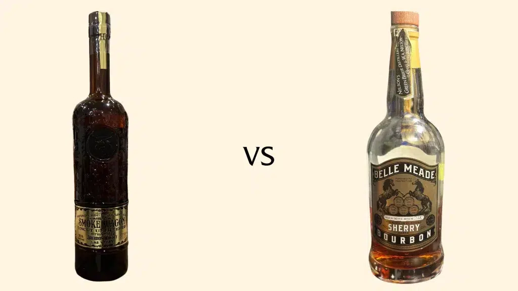 Two bourbon whiskey bottles comparison. Smoke Wagon Uncut Unfiltered vs Belle Meade Sherry Finish