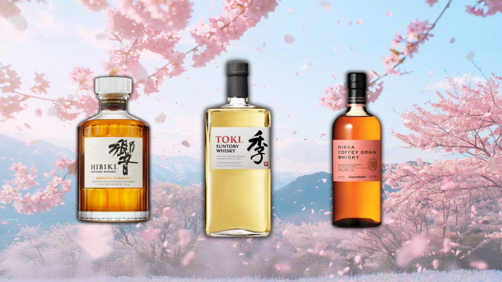 Three Japanese whiskey bottles with cherry blossoms background.