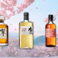 Three Japanese whiskey bottles with cherry blossoms background.