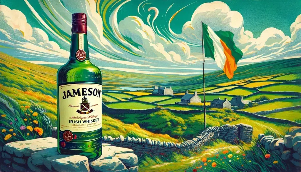 Illustrated Jameson whiskey bottle in scenic Irish countryside.