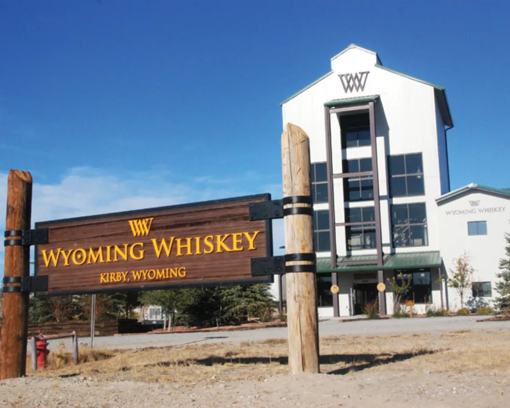 Wyoming Whiskey distillery entrance sign in Kirby, Wyoming.