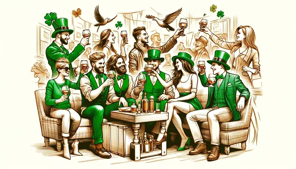 Group celebrating St. Patrick's Day with drinks