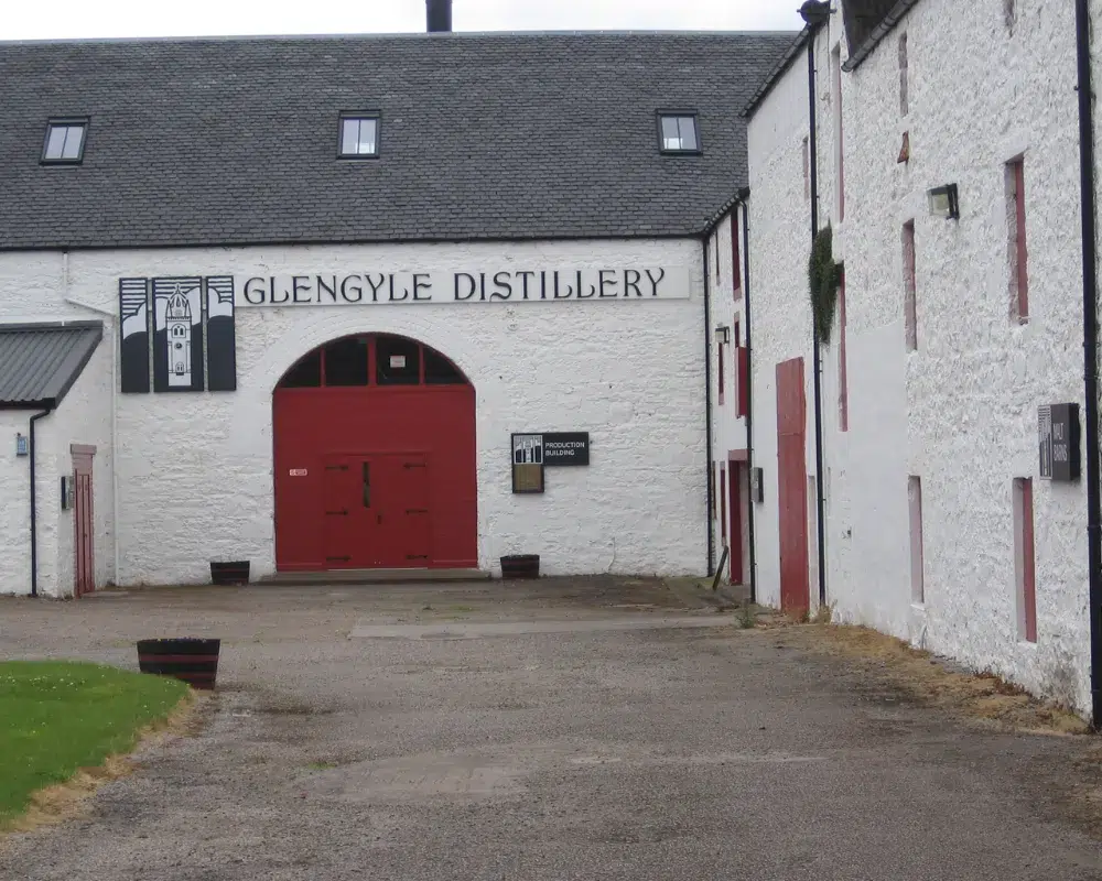 Glengyle Distillery entrance with red door
