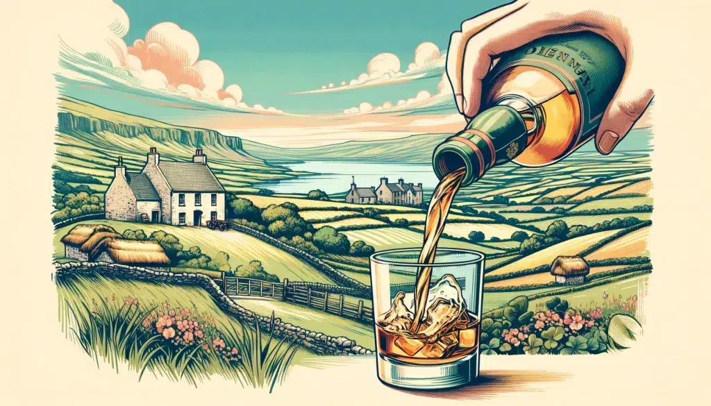 Illustration of countryside with oversized whiskey pouring into glass