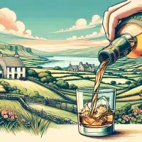 Illustration of countryside with oversized whiskey pouring into glass