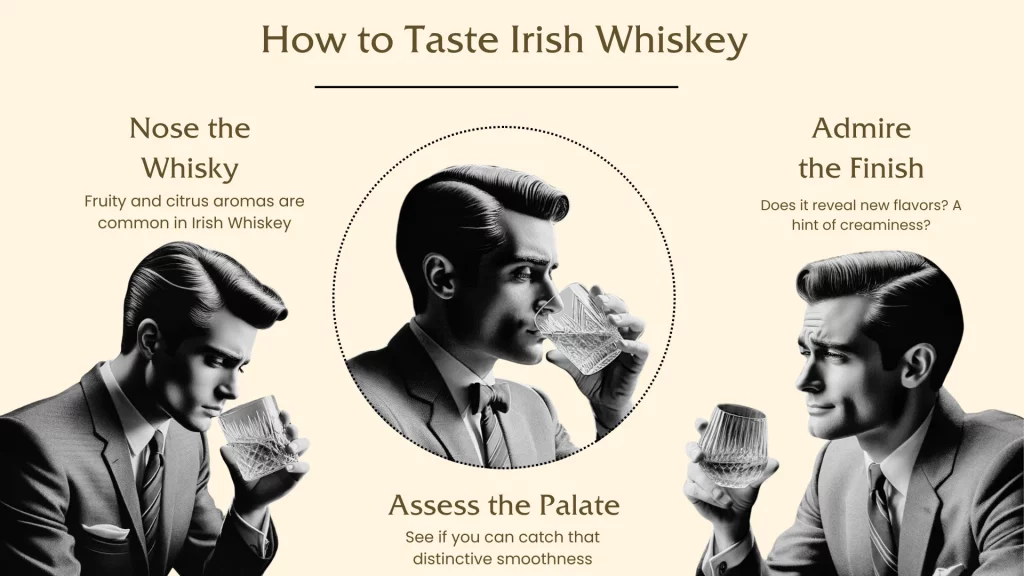 Guide to tasting Irish whiskey, man smelling and sipping.