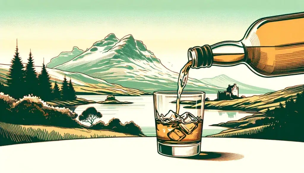 Whiskey pouring into glass against scenic mountain backdrop