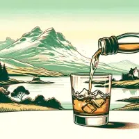 Whiskey pouring into glass against scenic mountain backdrop