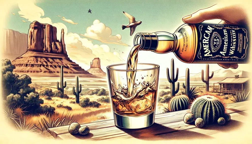 Illustration of whiskey pouring into glass with desert backdrop.