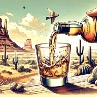 Illustration of whiskey pouring into glass with desert backdrop.