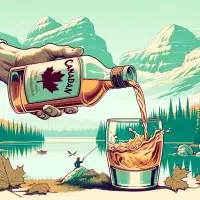 Pouring Canadian maple syrup into glass, mountain landscape.