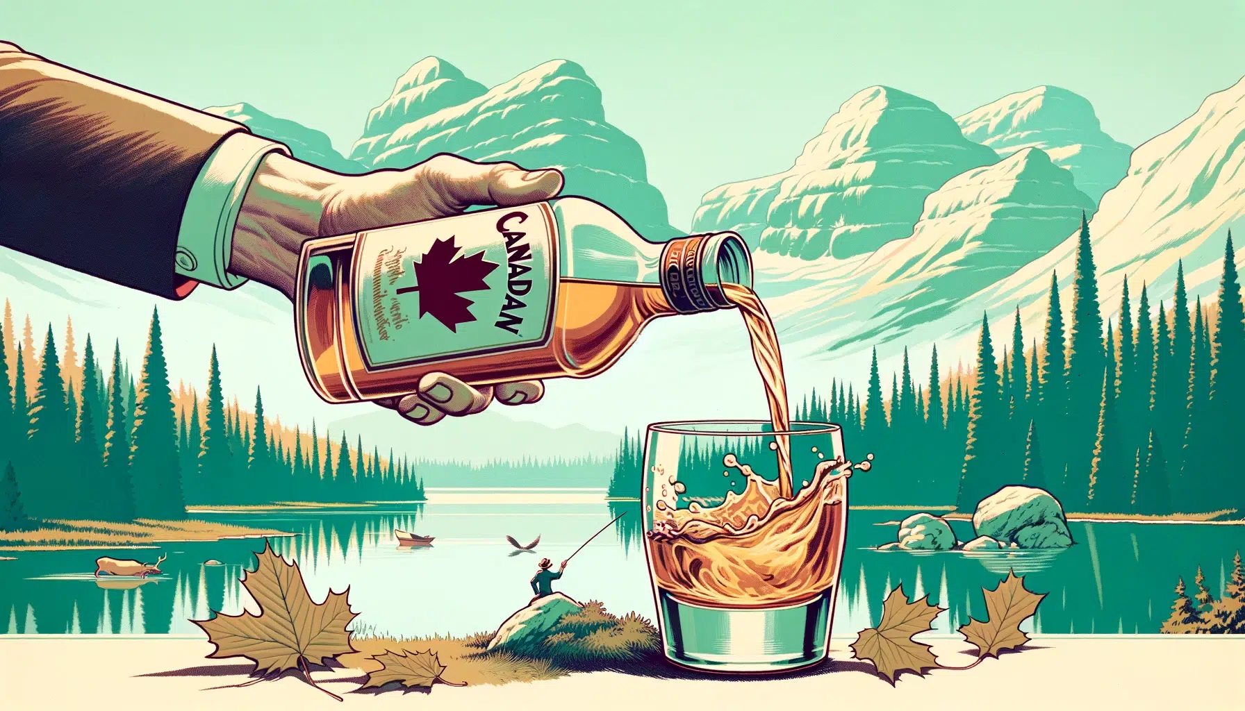 Pouring Canadian maple syrup into glass, mountain landscape.