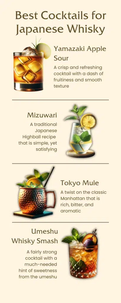 Japanese whisky cocktail recipes infographic.