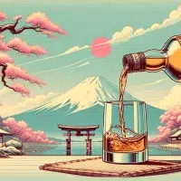 Vintage-style Japanese whiskey pouring illustration