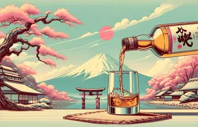 Vintage-style Japanese whiskey pouring illustration