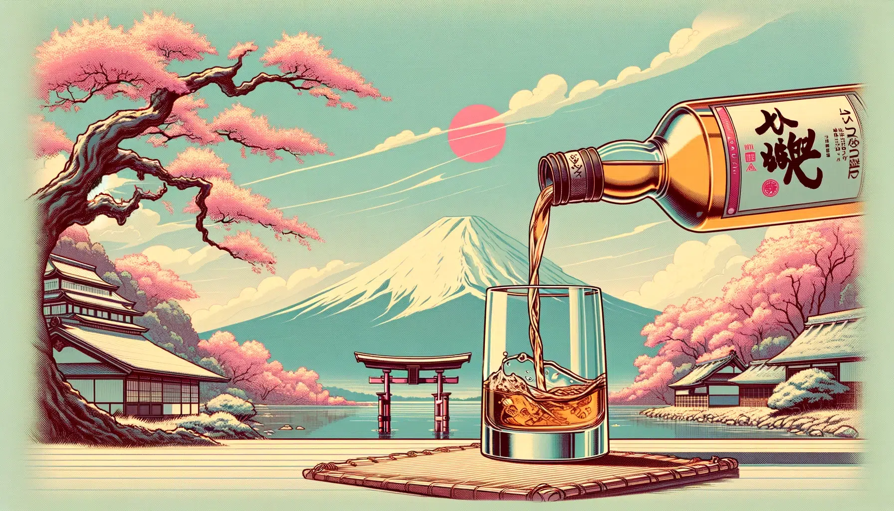 Vintage-style Japanese whiskey pouring illustration