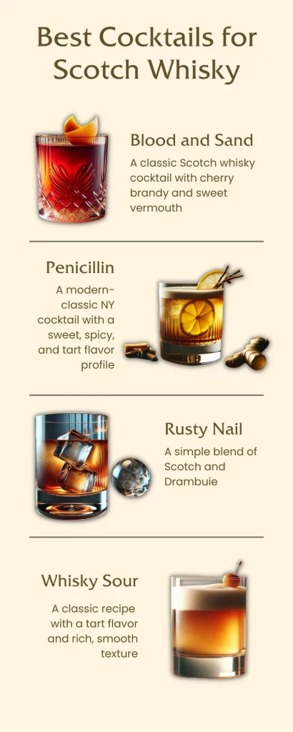 Scotch whisky cocktail infographic with four recipes.