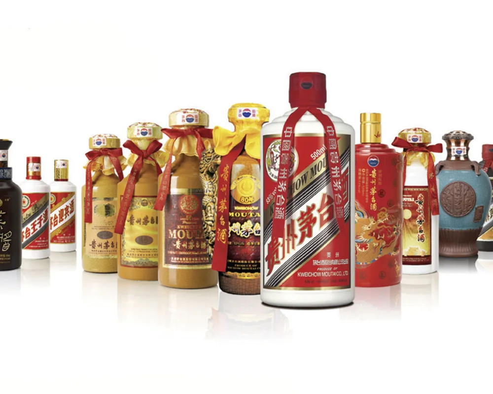 Assorted Chinese Baijiu liquor bottles displayed.