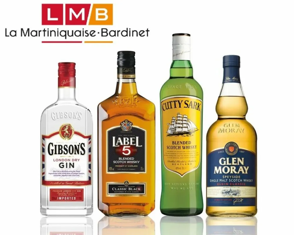 Assorted LMB spirits: gin, whiskies from La Martiniquaise-Bardinet.