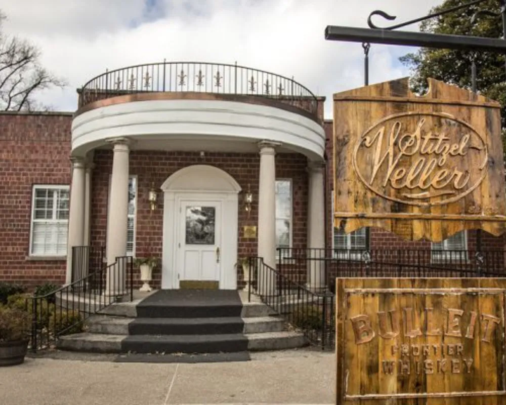 Stitzel-Weller Distillery entrance with Bulleit whiskey signage.