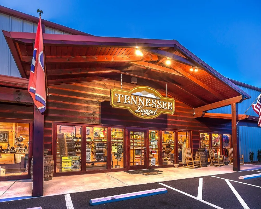 Tennessee Legend distillery storefront at twilight.