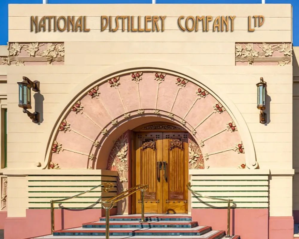 Art deco entrance of National Distillery Company building.
