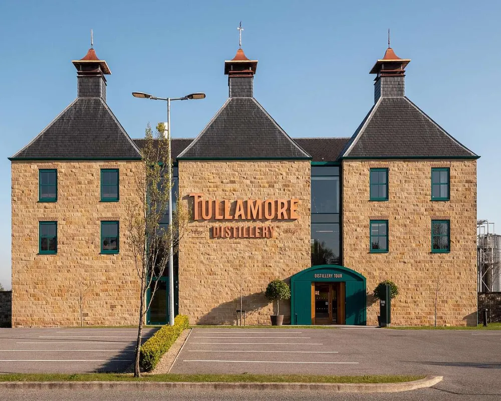 Tullamore Distillery entrance with symmetrical architecture.