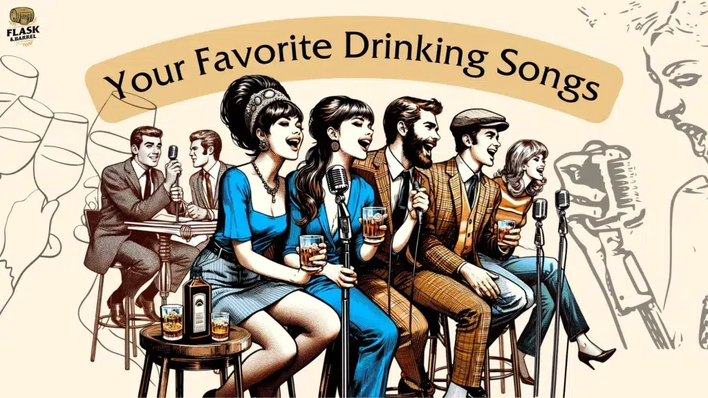 Group karaoke illustration with vintage style and drinks.