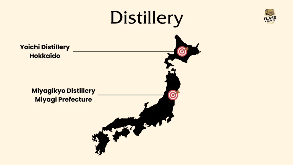 Map of Yoichi and Miyagikyo distilleries in Japan.