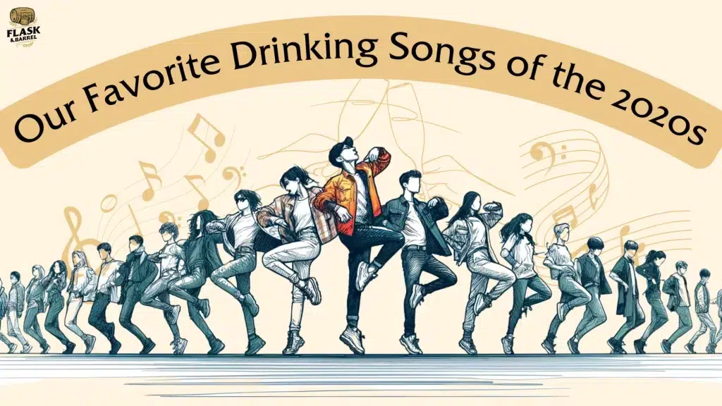 Illustration of people dancing to 2020s drinking songs.