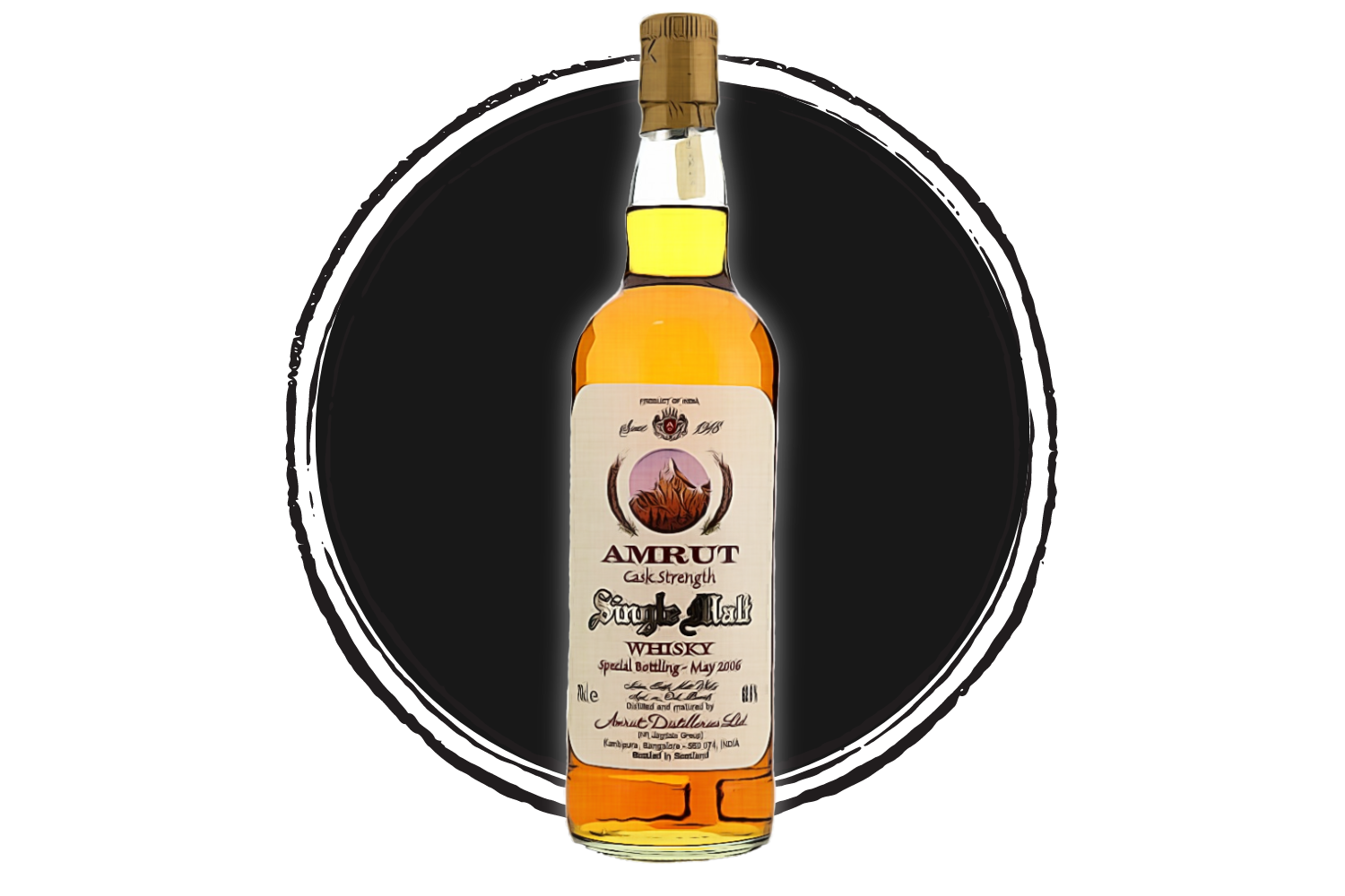 Amrut oak strength single malt whisky bottle.