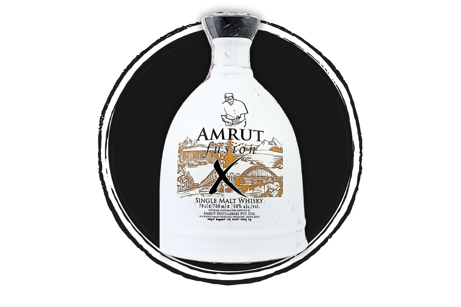 Amrut Fusion Single Malt Whisky bottle.