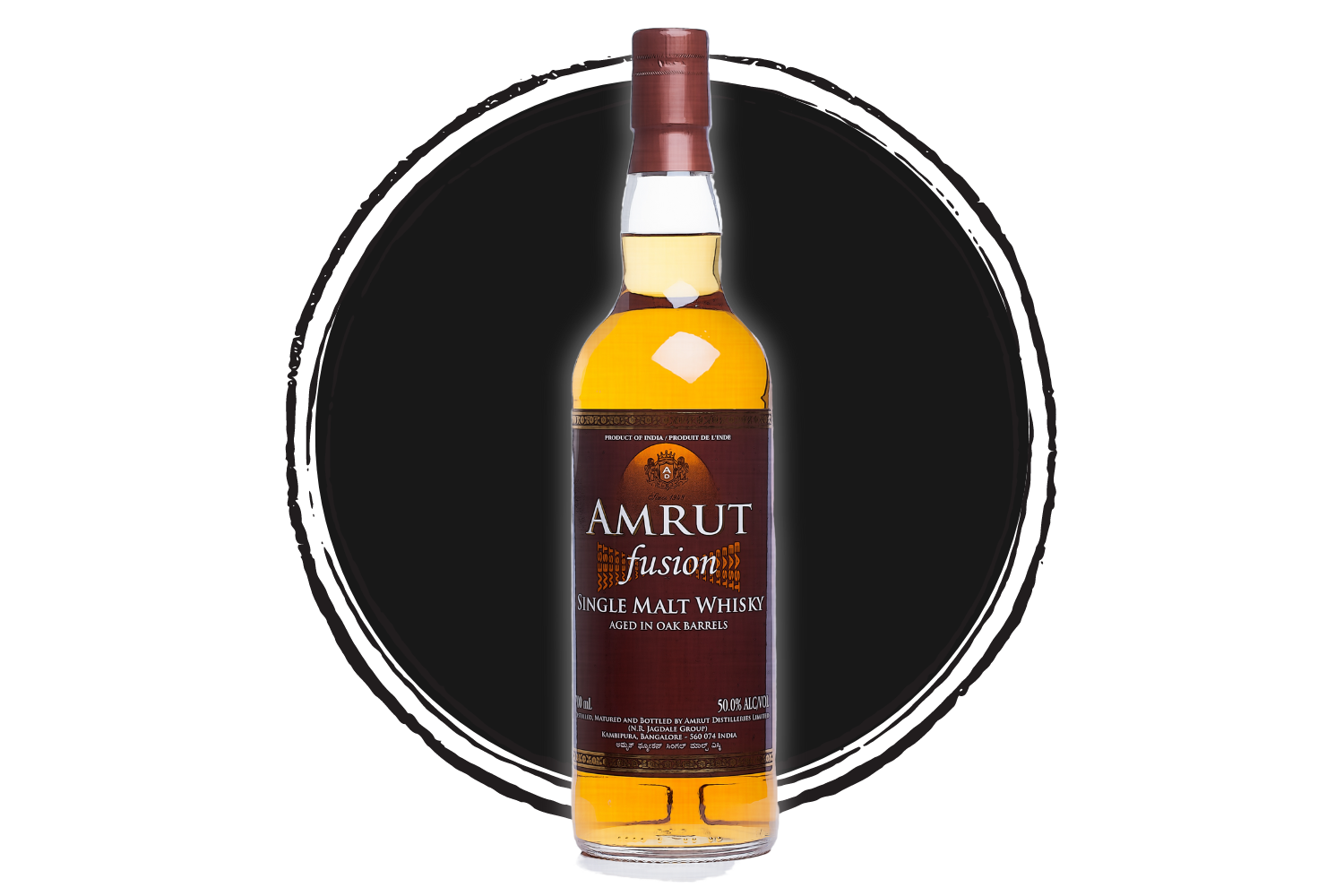 Amrut Fusion single malt whisky bottle.