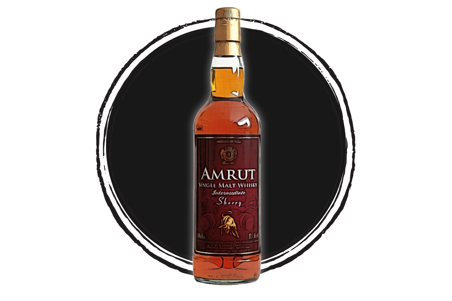 Amrut intermediate sherry single malt whisky bottle.