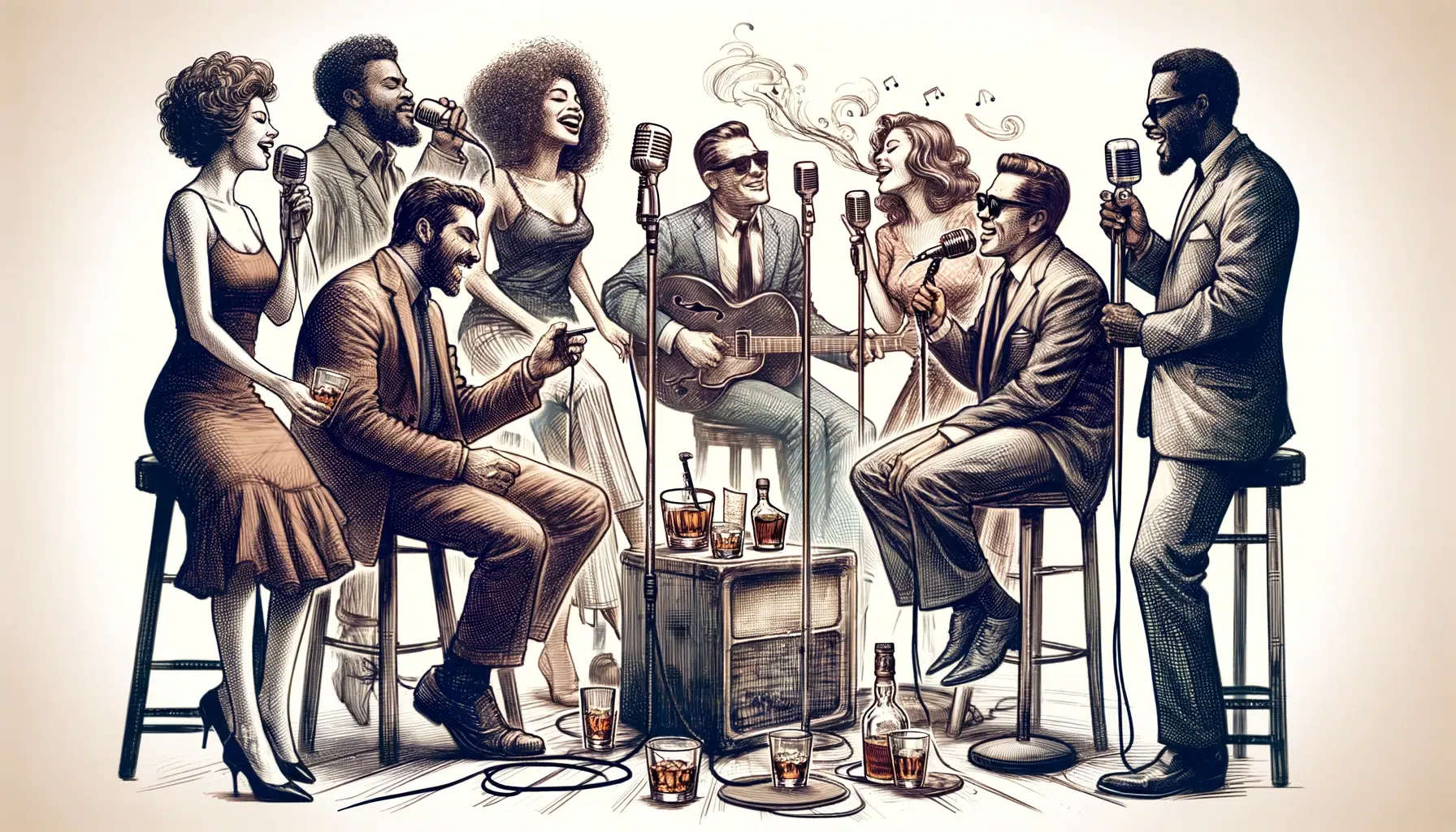 Vintage style music band illustration with singers and guitarist.