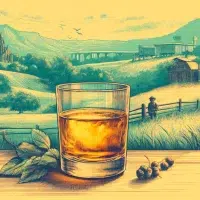 Illustrative whiskey glass in pastoral countryside setting.