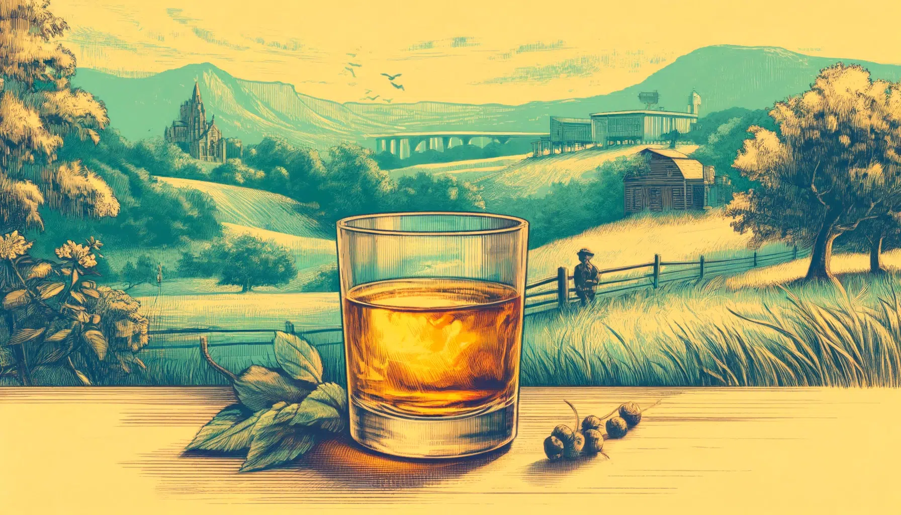 Illustrative whiskey glass in pastoral countryside setting.