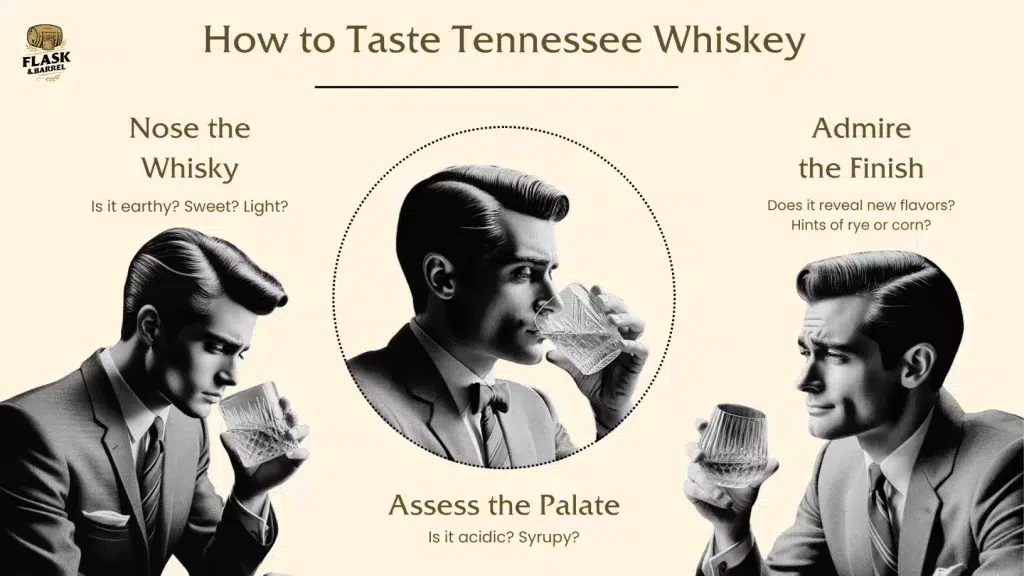 Guide to tasting whiskey with evaluation steps.