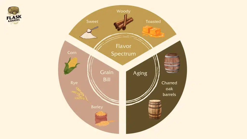 Whiskey flavor profile chart with grain and aging elements.