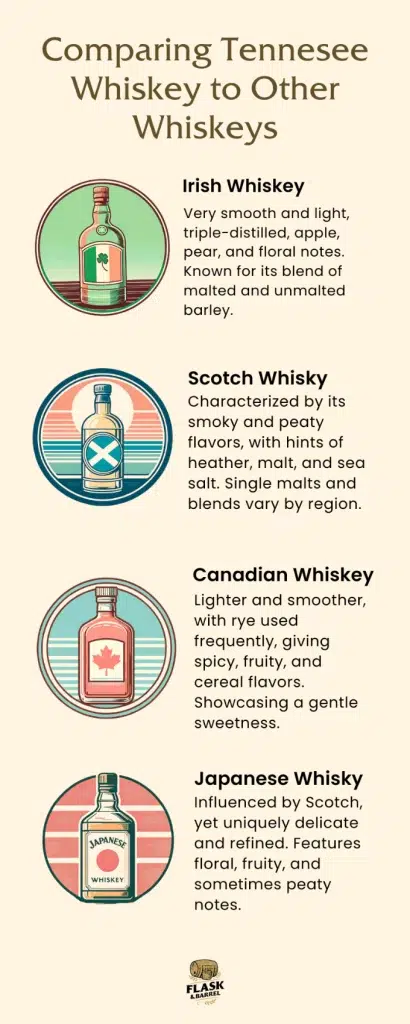 Comparing Tennessee whiskey to Irish, Scotch, Canadian, Japanese whiskeys.