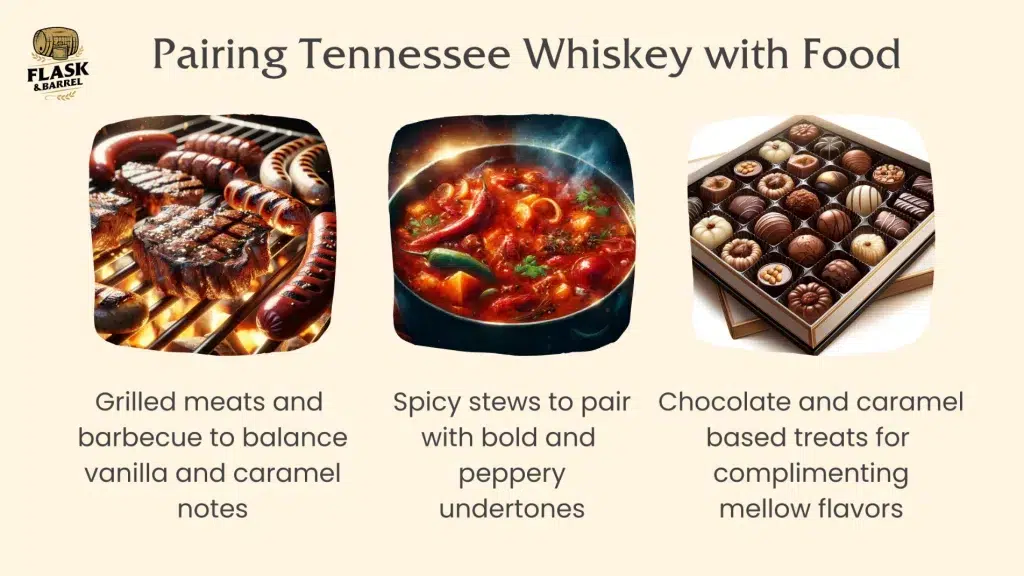 Tennessee Whiskey food pairings: grilled meats, spicy stews, chocolates.