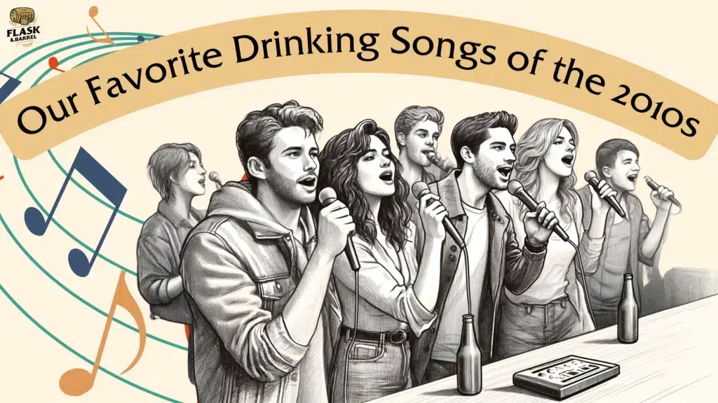 Group singing popular 2010s drinking songs illustration.