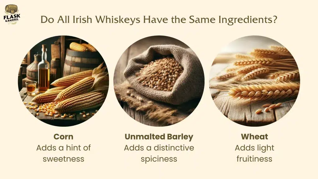 Infographic on Irish whiskey ingredients: corn, barley, wheat.
