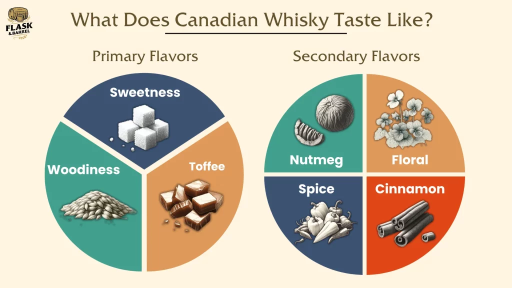 Canadian Whisky flavor profile chart with illustrations.