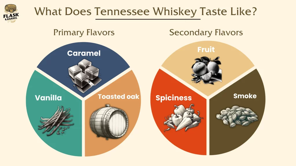 Tennessee whiskey flavor profile infographic with primary, secondary notes.
