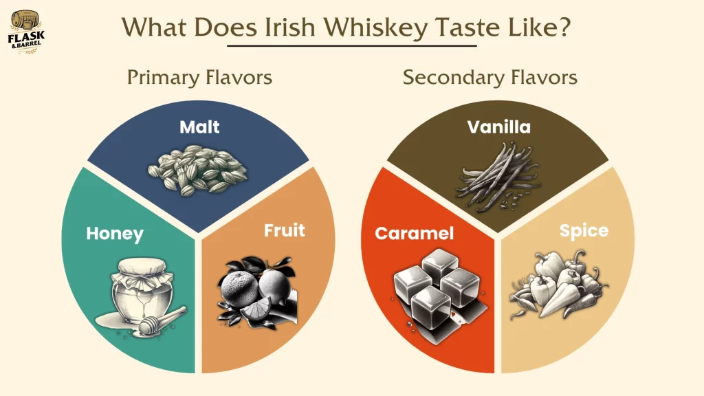 Irish whiskey flavor profile chart with primary and secondary tastes.